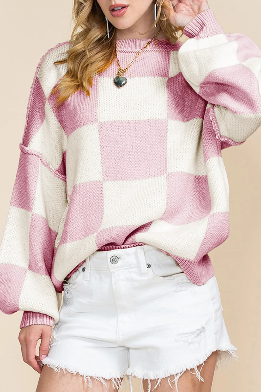 Women's Plaid Print Puff Sleeve Pullover Sweater