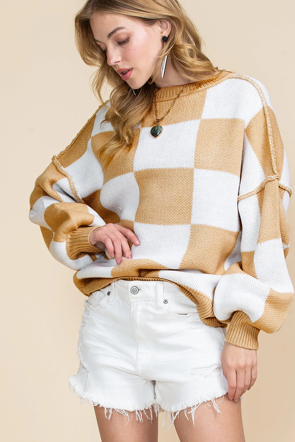 Women's Plaid Print Puff Sleeve Pullover Sweater