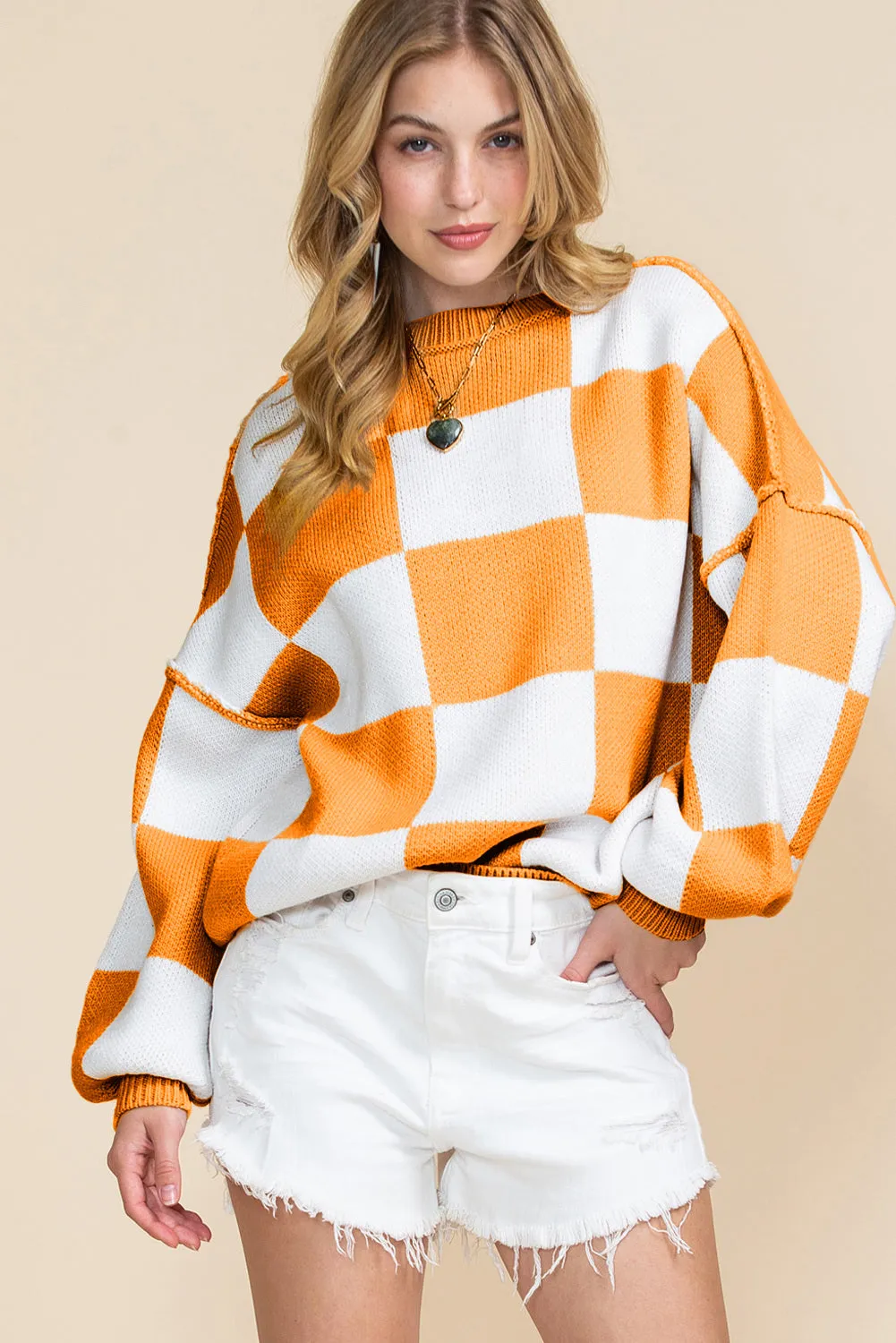 Women's Plaid Print Puff Sleeve Pullover Sweater