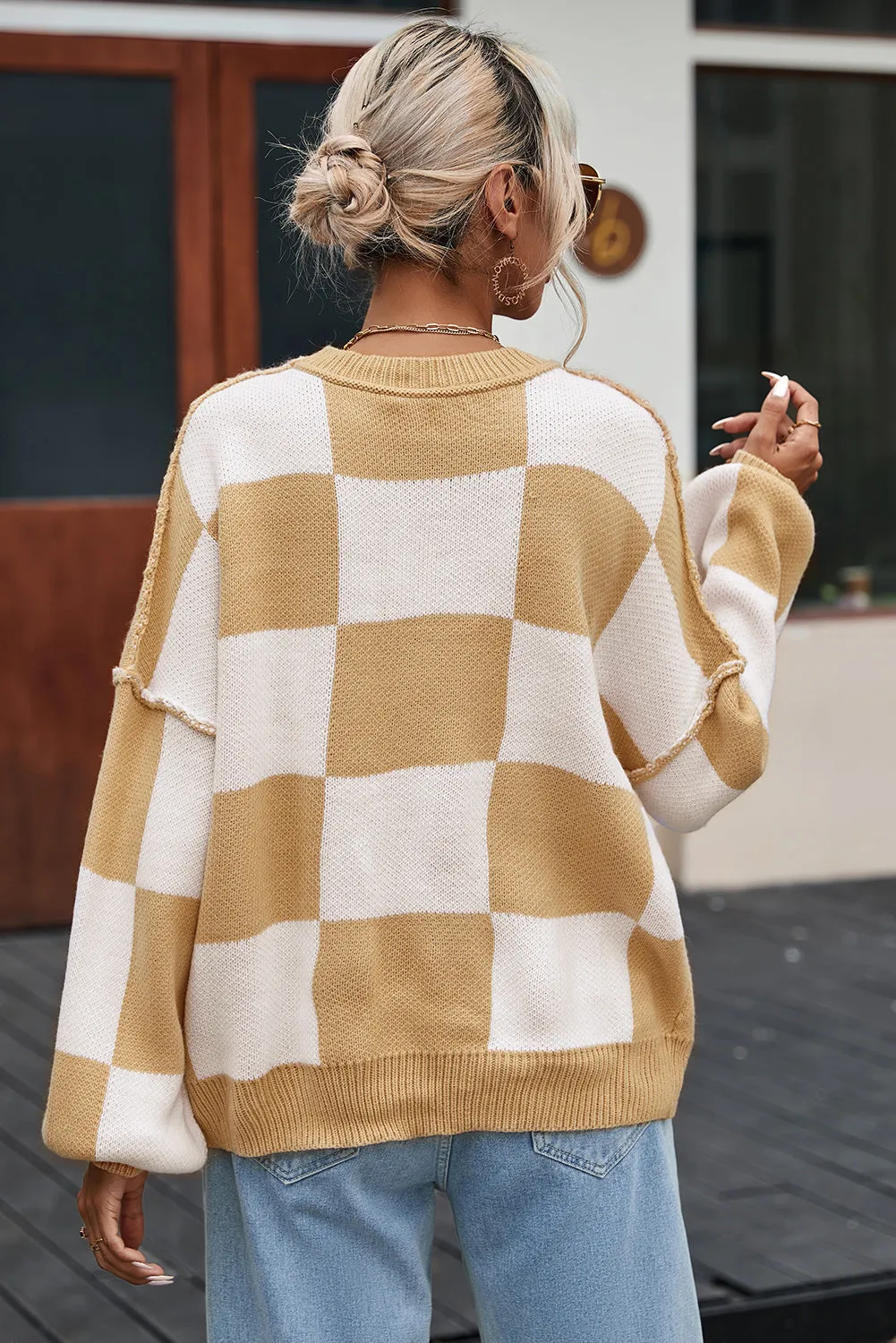 Women's Plaid Print Puff Sleeve Pullover Sweater