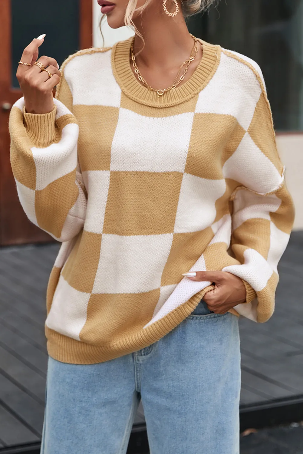 Women's Plaid Print Puff Sleeve Pullover Sweater