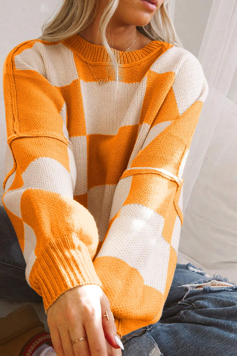 Women's Plaid Print Puff Sleeve Pullover Sweater