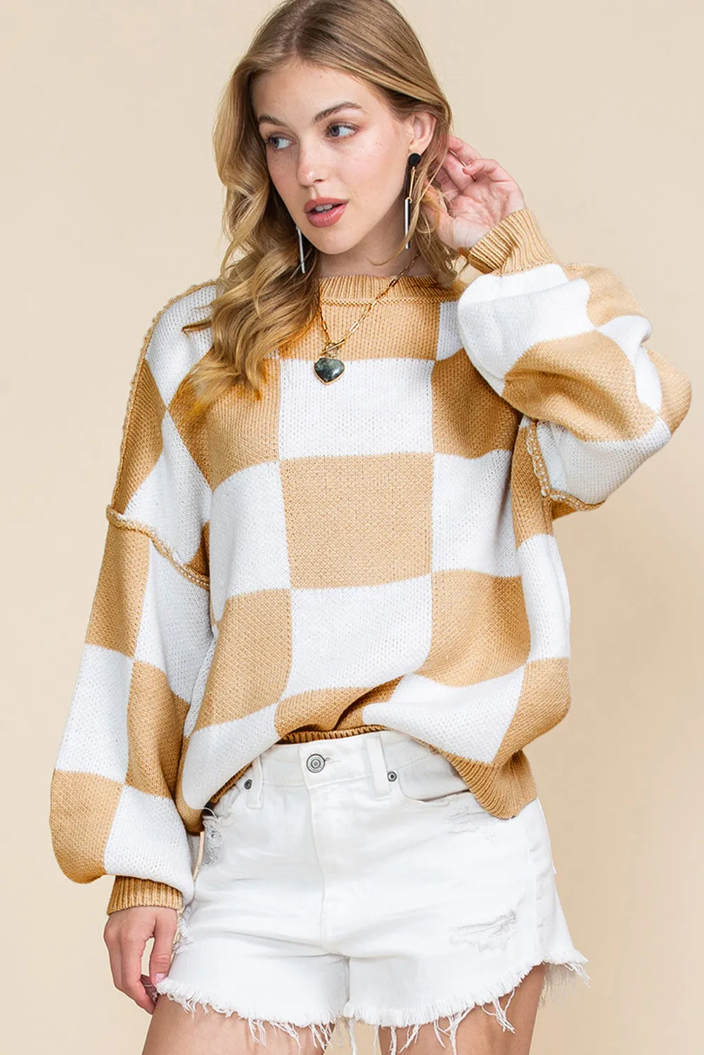 Women's Plaid Print Puff Sleeve Pullover Sweater