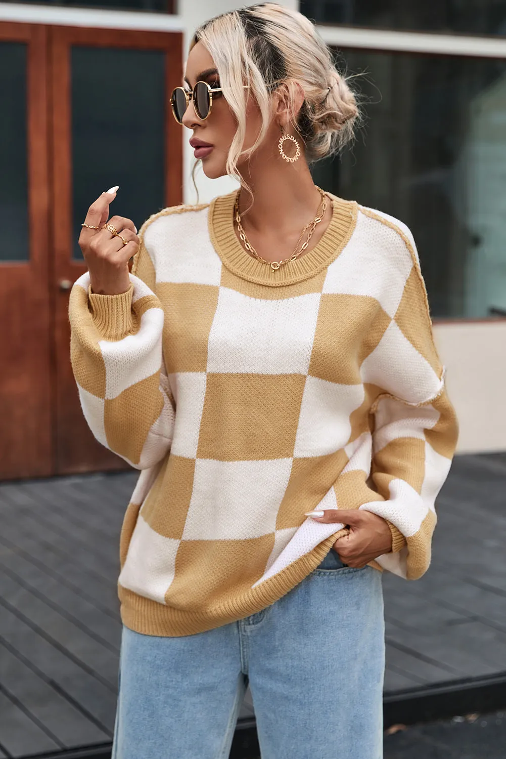 Women's Plaid Print Puff Sleeve Pullover Sweater