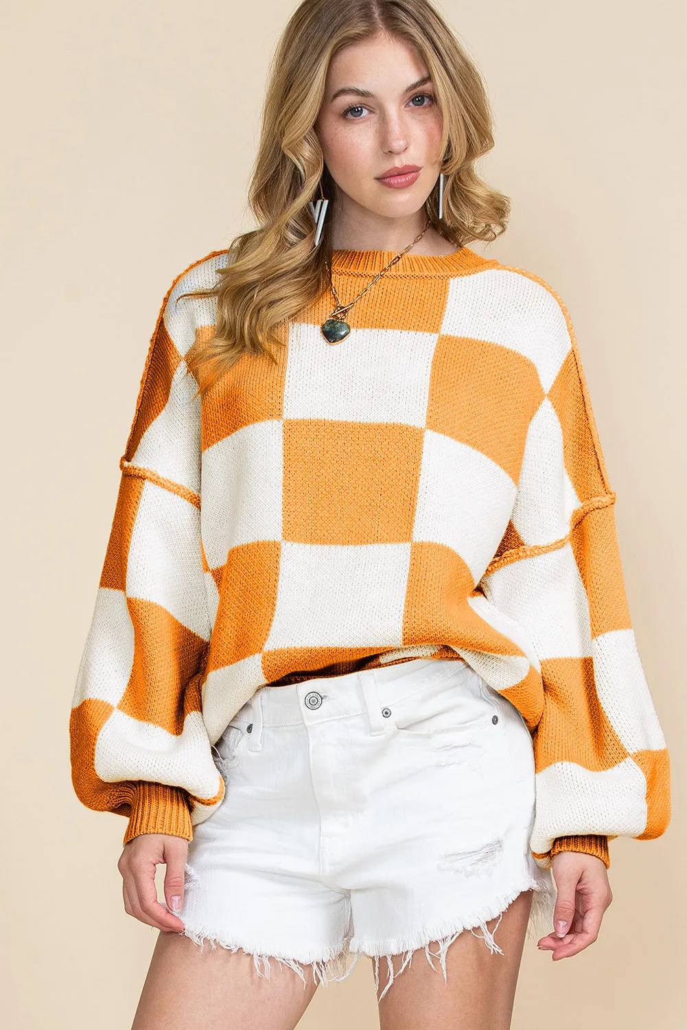 Women's Plaid Print Puff Sleeve Pullover Sweater