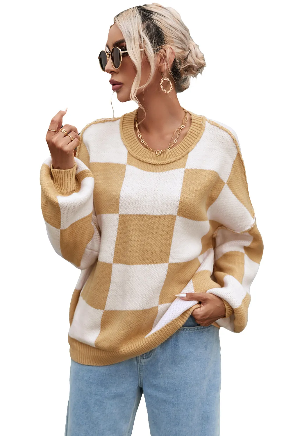 Women's Plaid Print Puff Sleeve Pullover Sweater