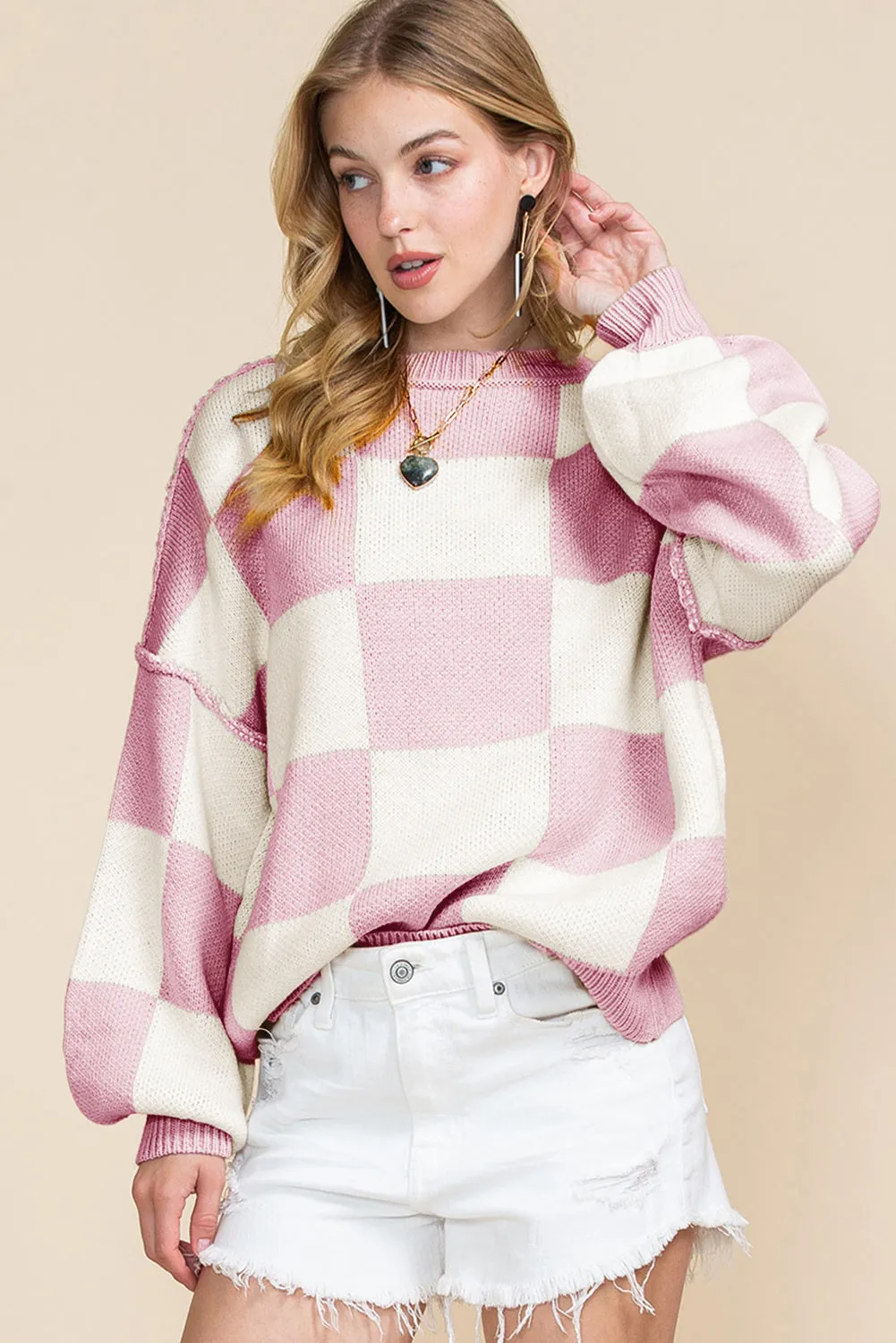 Women's Plaid Print Puff Sleeve Pullover Sweater