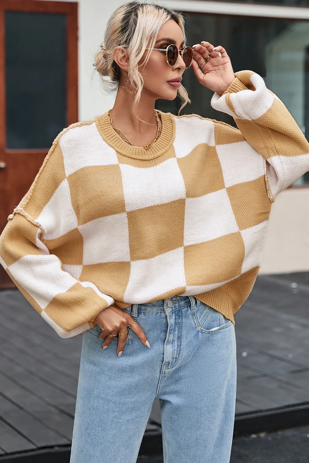 Women's Plaid Print Puff Sleeve Pullover Sweater