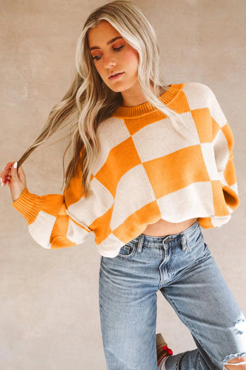 Women's Plaid Print Puff Sleeve Pullover Sweater