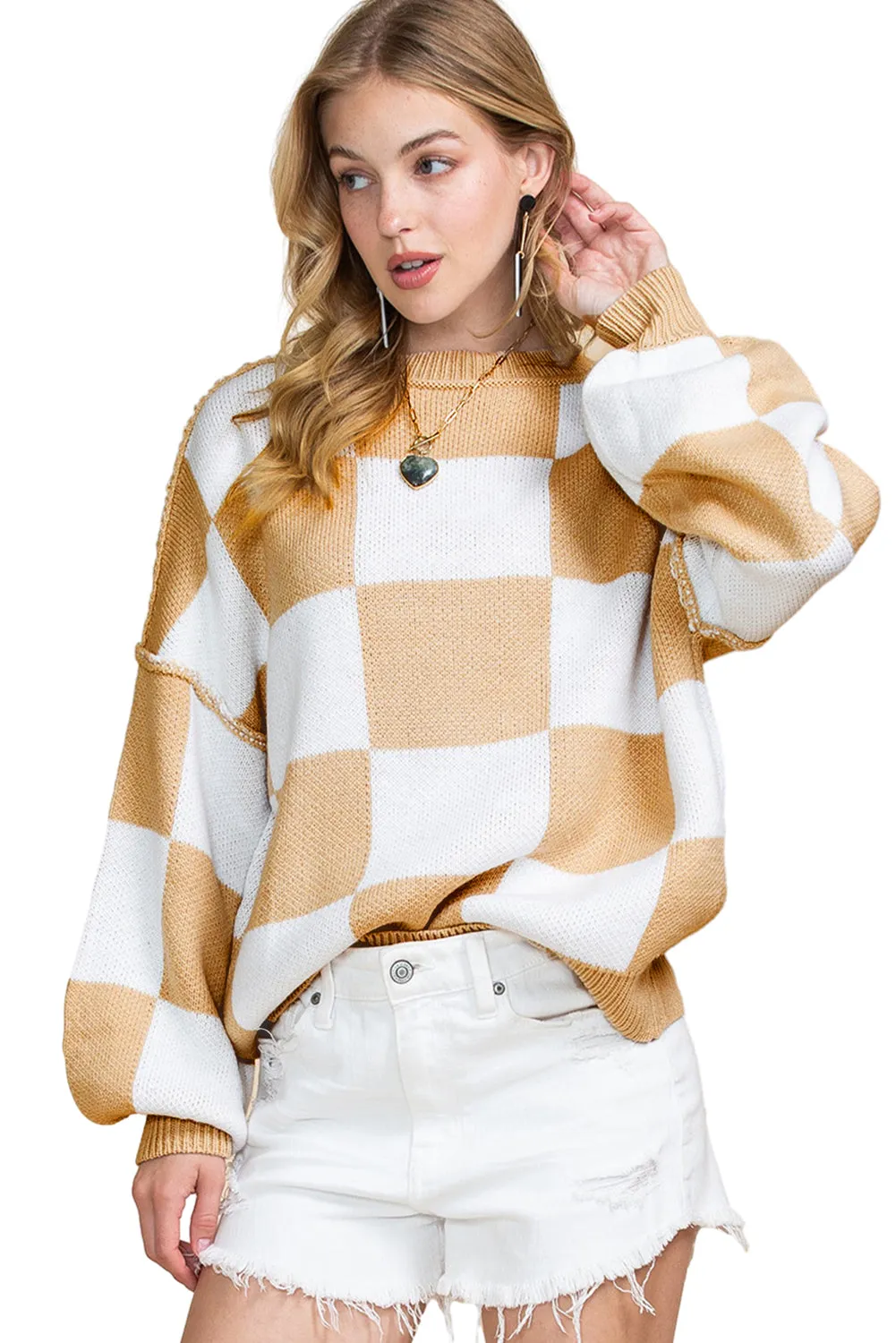 Women's Plaid Print Puff Sleeve Pullover Sweater