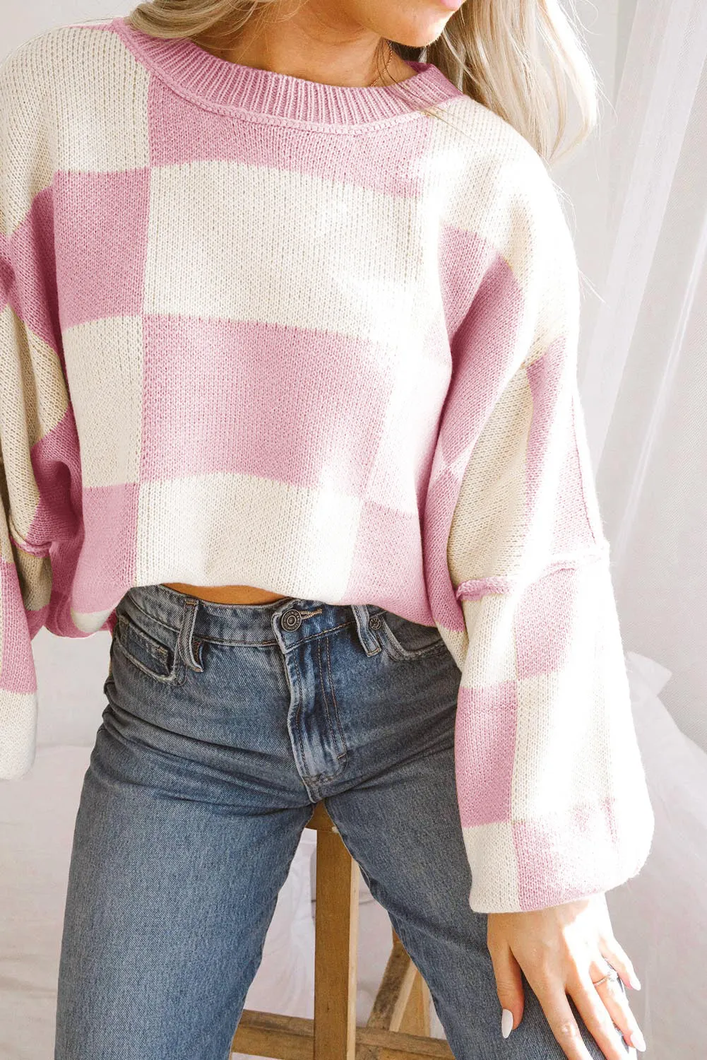 Women's Plaid Print Puff Sleeve Pullover Sweater