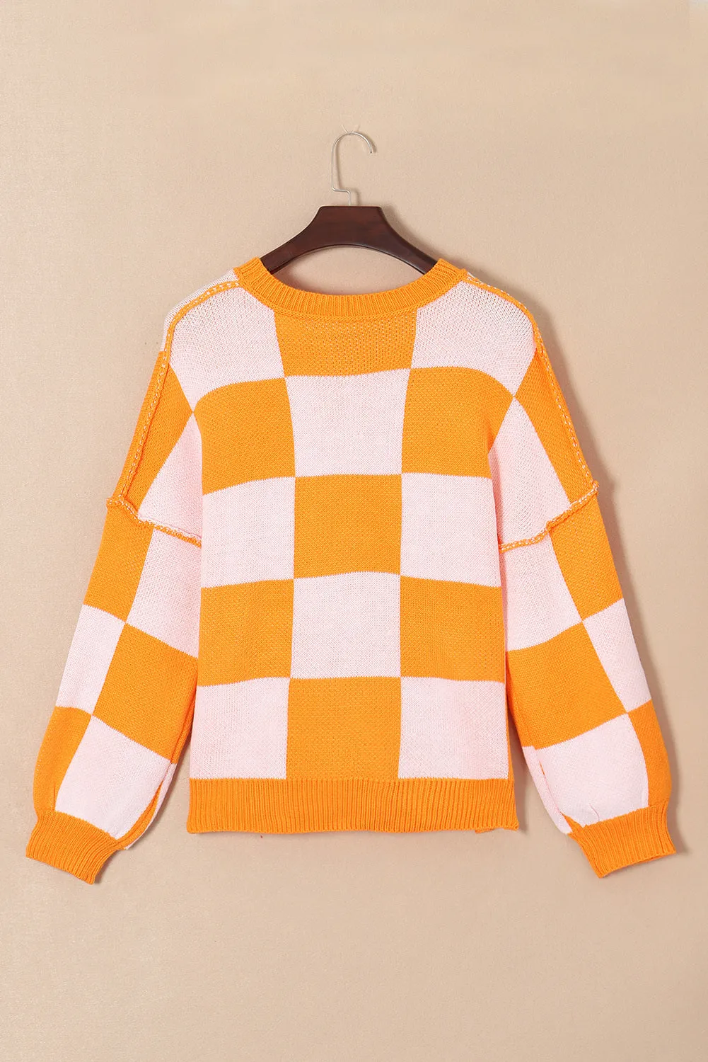 Women's Plaid Print Puff Sleeve Pullover Sweater