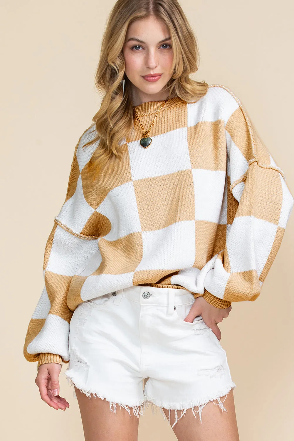 Women's Plaid Print Puff Sleeve Pullover Sweater