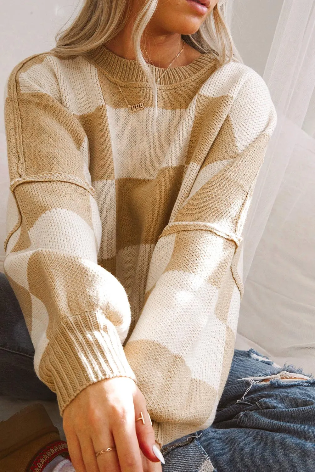 Women's Plaid Print Puff Sleeve Pullover Sweater