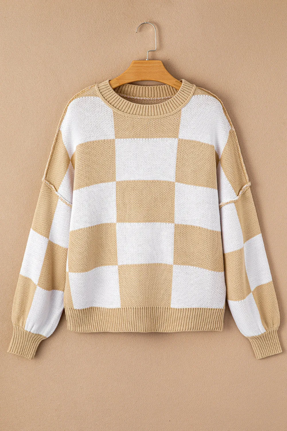 Women's Plaid Print Puff Sleeve Pullover Sweater