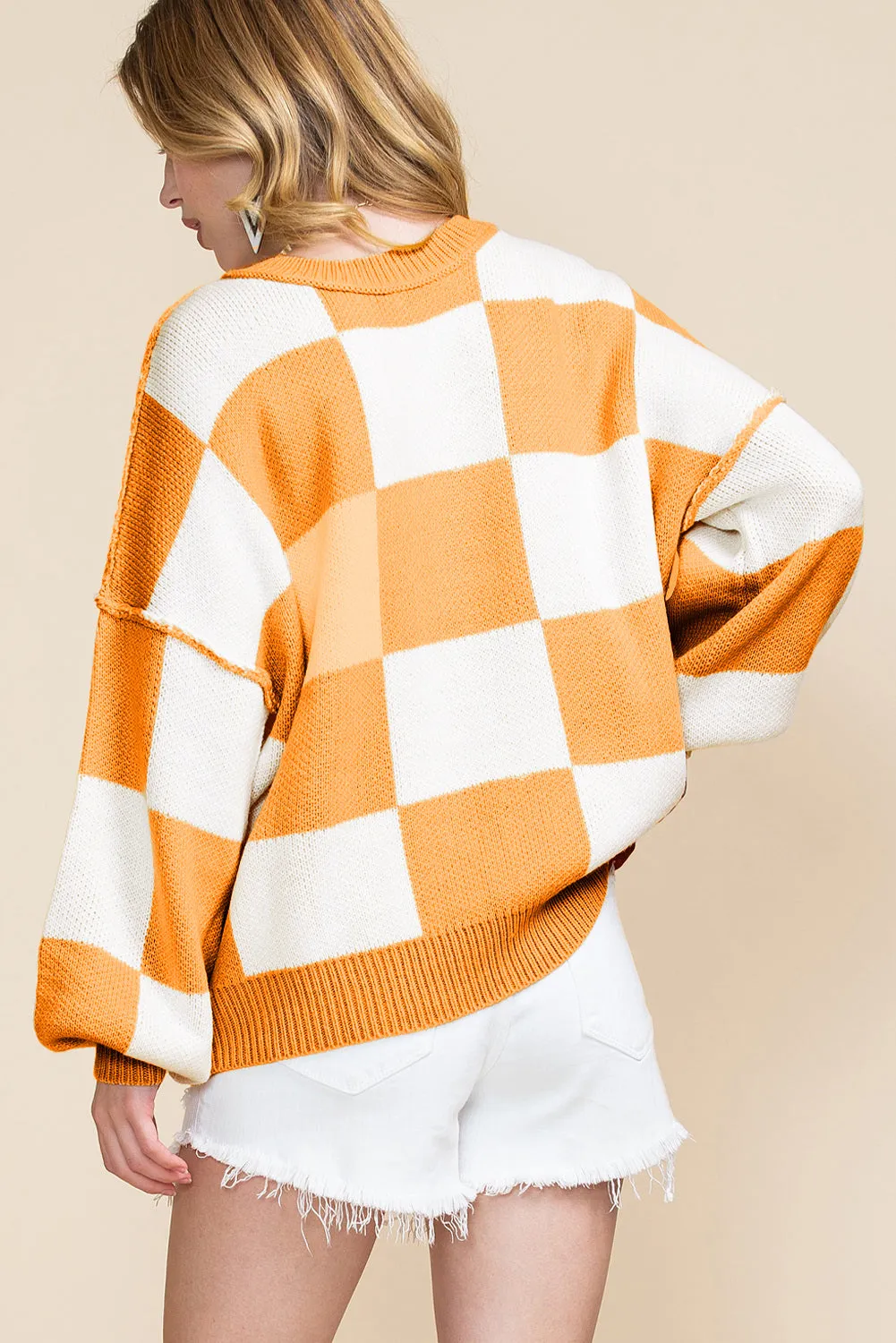 Women's Plaid Print Puff Sleeve Pullover Sweater