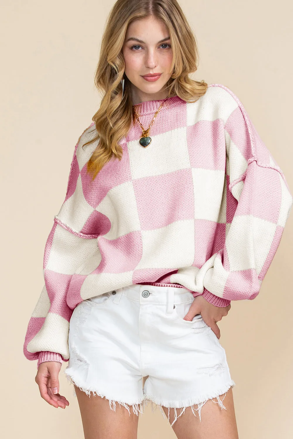 Women's Plaid Print Puff Sleeve Pullover Sweater