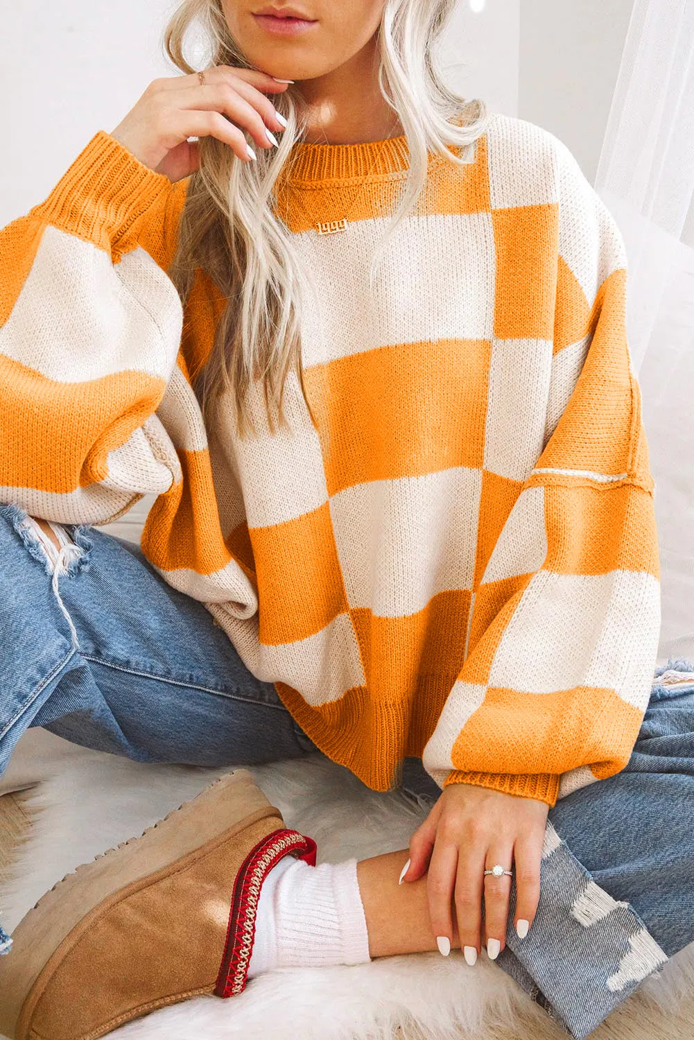 Women's Plaid Print Puff Sleeve Pullover Sweater