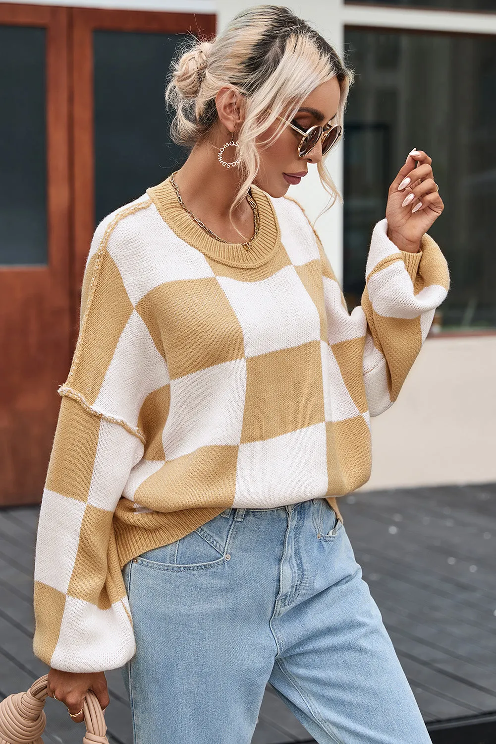 Women's Plaid Print Puff Sleeve Pullover Sweater