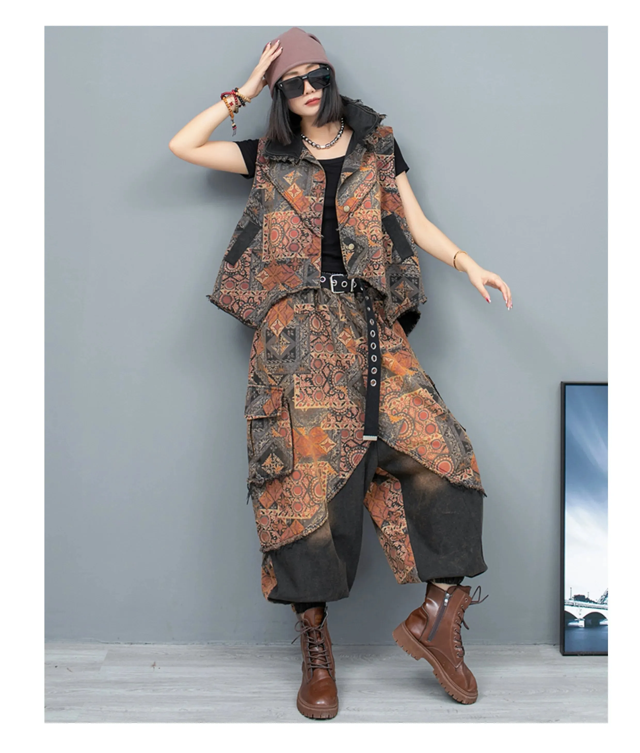 Women's Quilted Denim Distressed Vest & Harem Cargo Pants Set