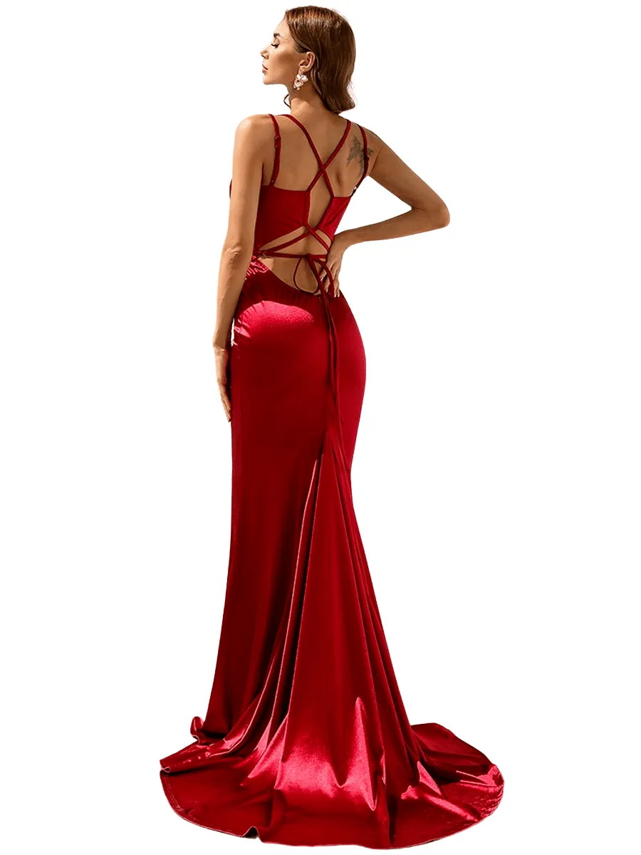 Women's Satin V Neck Spaghetti Strap Maxi Dress