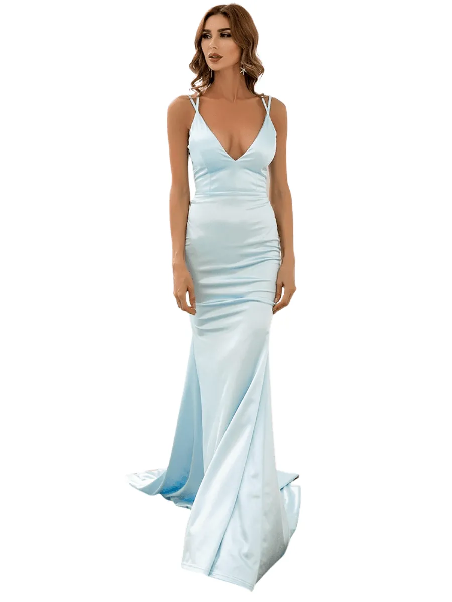 Women's Satin V Neck Spaghetti Strap Maxi Dress