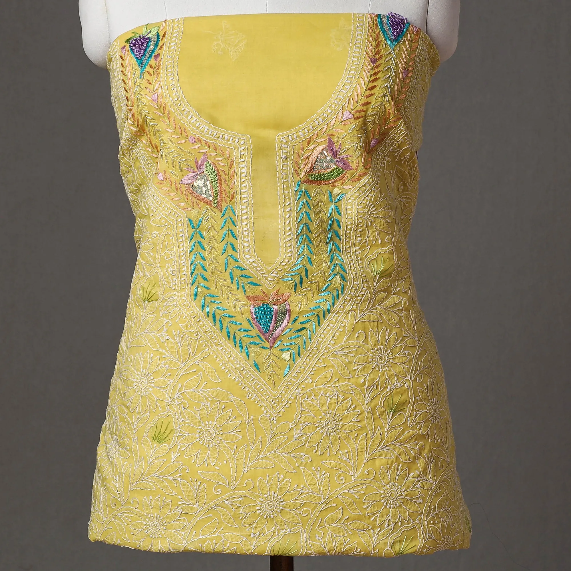 Yellow - 3pc Lucknow Chikankari with Parsi Style Hand Embroidery Cotton Suit Material Set